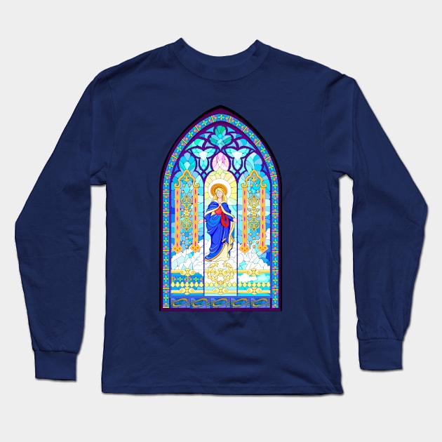 Gothic stained glass window with virgin Mary Long Sleeve T-Shirt by Artist Natalja Cernecka